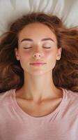 Peaceful Sleeping Woman Relaxed Sleep Sweet Dreams Bedtime Rest Serenity Female Portrait Cozy Nighttime Tranquility Resting Face Calm Expression Dreaming Content Repose Relaxation Rejuvenation photo