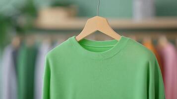 Green Shirt Display on Wood Hanger in Fashion Store with Blurred Multicolor Background and Natural Lighting for Retail Design and Style Emphasis with Green Color Highlight photo