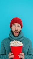 Surprised Man in Knitted Hat and Scarf Holding Popcorn Against Blue Background for Winter Cinema Concept photo