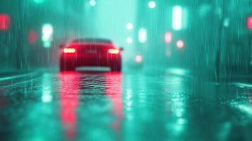 Blurred Red Car in Heavy Rain on Wet City Street at Night with Vibrant Lights and Reflections photo