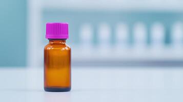 GLP-1 Bottle in Modern Laboratory Setting with Blue Background and Pink Cap for Medical Research and Pharmaceutical Development, Captured in a Contemporary Scientific Environment photo