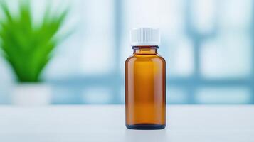 GLP-1 Medication Bottle in Focus on Laboratory Table with Scientific Background and Green Plant Decoration for Pharmaceutical and Health Research Concept photo