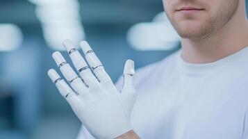 Engineer Examining Advanced Prosthetic Hand in Modern Laboratory Setting with Focus on Innovative Assistive Device Technology and Human-Machine Integration for Biomedical Engineering Applications photo