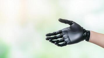Prosthetic Hand Technology Embracing Innovation and Engineering for Modern Assistive Device Against Soft Blurry Background, Focusing on Mechanical Precision and Futuristic Design in Healthcare photo