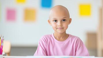 Confident Child With Alopecia Smiling Classroom Setting, Embracing Diversity and Strength in Education, Featuring Bright Artworks and Positive Atmosphere, Inspirational and Empowering Scene photo