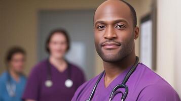 Compassionate Male Nurse of African Descent Providing Quality Care in a Medical Setting with Stethoscope, Diverse Healthcare Environment, Hospital Teamwork, Professional Patient Assistance photo
