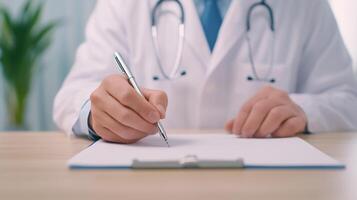 Close-Up of Psychologist Writing Notes During Appointment in Office with Stethoscope and Clipboard for Mental Health Counseling and Therapy Session in Professional Medical Setting photo