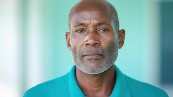 Portrait of a mature man with a gray beard wearing a teal shirt standing against a blurred teal background photo