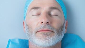Close-up of an older man with a beard resting in a hospital setting wearing a medical cap and gown. Healthcare and patient recovery concept for medical design photo