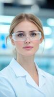 Female Scientist in Modern Medical Research Laboratory Wearing Protective Eyewear and Lab Coat in a Professional Scientific Environment with Advanced Equipment and Technology photo