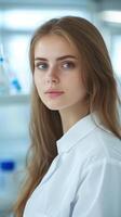 Female Scientist in Modern Medical Research Laboratory with Focused Expression and Lab Equipment in Background photo