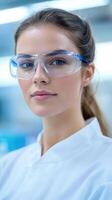 Female Scientist in Modern Medical Research Laboratory Wearing Safety Goggles and Lab Coat in a Bright Scientific Environment photo