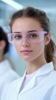 Young Female Scientist Wearing Pink Safety Goggles in Modern Medical Research Laboratory, Focused and Confident, Standing in Bright Sterile Environment, Emphasizing Innovation and Technology photo