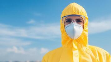 Person in Protective Gear for Asbestos Testing Highlighting Safety, Environmental Protection, Hazardous Material Handling, Wearing Yellow Suit, Face Mask, Goggles Under Blue Sky, Outdoor Setting photo