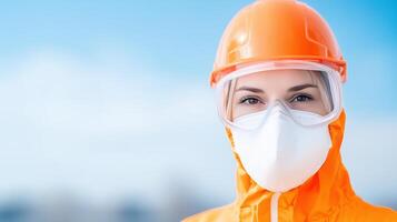 Professional Worker in Protective Gear for Asbestos Testing Wearing Safety Helmet and Mask on Site for Health and Environmental Protection photo