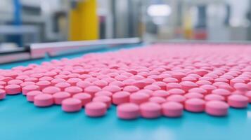 Pharmaceutical Production Line Creating Pink Tablets in a Modern Factory Setting for Medical and Healthcare Industry with Focus on Automation, Efficiency, Manufacturing, and Industrial Processes photo