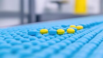 Pharmaceutical Production Line Creating Tablets and Capsules with Blue and Yellow Pills on Conveyor in Factory Setting photo