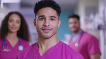 Diverse Healthcare Professionals in Pink Scrubs Smiling in Medical Facility Corridor with Stethoscopes, Promoting Teamwork and Inclusivity in Modern Medical Practice, Shallow Depth of Field photo