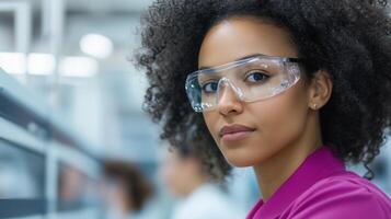 Confident Woman Scientist in Lab Wearing Safety Glasses with Focused Expression and Curly Hair in White Coat photo