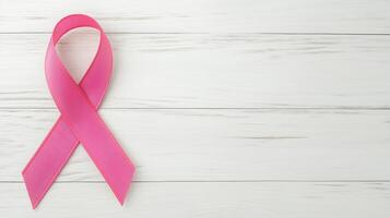 Pink Ribbon for Breast Cancer Awareness on White Wooden Texture, AR 169 Style, Health Symbol, Flat Lay Photography, October Campaign, Hope, Support, Medical Mission, Minimalistic Design Art photo