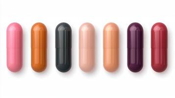 Diverse Collection of Colorful Medical Capsules on White Background for Healthcare and Pharmaceutical Concepts photo