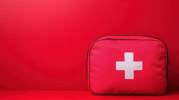 Red First Aid Kit on Bold Red Background Symbolizing Readiness and Medical Emergency Preparedness for Healthcare and Safety Needs in Flat Lay Minimalist Style with Negative Space photo