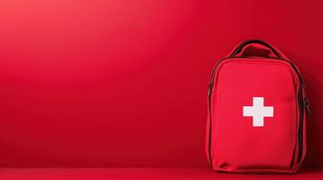 Red First Aid Kit Symbolizing Readiness for Medical Emergencies on Minimalist Red Background with Copy Space for Health and Safety Concept in Modern Design and Emergency Preparedness Advertising photo