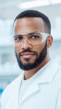 Portrait of Scientist in Laboratory Wearing Protective Eyewear and Lab Coat for Research and Experiments in Medical Science Environment with Modern Equipment and Technology Background photo