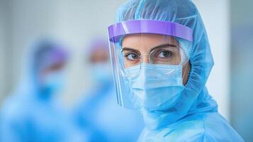 Advanced Laboratory Team Innovating High-Tech Product Development in Sterile Environment With Protective Gear and Face Shields photo