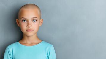 Confident Child With Alopecia Smiling in Classroom Setting, Embracing Diversity and Strength in Education, Featuring Bright Artworks and Positive Atmosphere Inspirational Empowering Scene photo