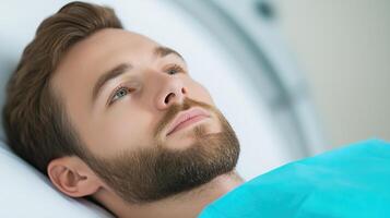 Man Undergoes MRI Scan in Hospital Setting, Medical Examination, Healthcare Concept, Patient Lying in Scanner, Radiology Imaging, Diagnostics Test, Professional Equipment, Calm Expression photo