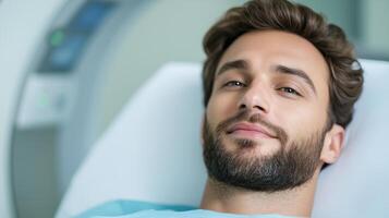 Young Man Undergoes MRI Scan in Hospital Setting, Medical Examination, Healthcare Concept, Patient Lying in Scanner, Radiology Imaging, Diagnostics Test, Professional Equipment, Calm Expression photo