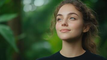 Serene Young Woman in Nature Surrounded by Lush Greenery and Natural Light, Facing Forward with a Peaceful Expression and Fully Relaxed Breathing for Mindfulness and Tranquility Concept photo