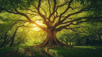 Majestic Ancient Tree in Lush Green Forest with Sun Rays Creating Serene Natural Scene Perfect for Earth Day Celebration and Nature Photography Inspirational Background photo
