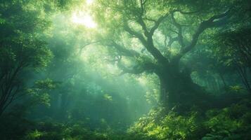 Lush Green Forest with Towering Ancient Tree and Sunlight Beaming Through Canopy Creating a Serene Natural Atmosphere Perfect for Earth Day Celebrations and Environmental Awareness Campaigns photo