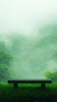Misty Green Screen Forest Landscape With Bench Ideal For Nature Background Imagery Featuring Lush Greenery And Tranquil Atmosphere, Conceptual Design For Editing, Dreamy Scenic View photo