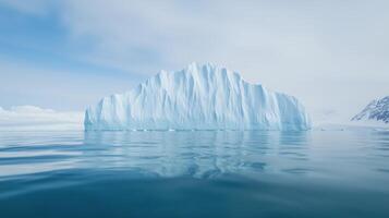 Iceberg Above and Below Water in a Panoramic View Capturing Raw Natural Beauty and Serenity of Arctic Landscape with Snowy Mountains and Clear Reflections in Perfect Nature Scene photo