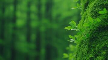 Close-up of fresh green leaves growing on moss-covered tree trunk in a forest with blurred background photo