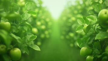 Lush Green Orchard with Apple Trees in a Modulated Canopy with Fresh Green Apples and Leaves Under Bright Greenery Creating a Peaceful and Refreshing Visual ideal for Nature and Gardening Themes photo