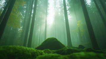 Morning Sunlight Penetrating Through Trees in Urbasa Forest with Dense Green Foliage and Moss-Covered Ground, Depicting a Serene Woodland Scene photo