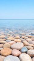 Petoskey Stones in Clear Shallow Waters of Lake Michigan on a Calm Day Showcasing Natural Patterns and Serene Blue Sky in a Tranquil Horizontal Landscape Scene photo