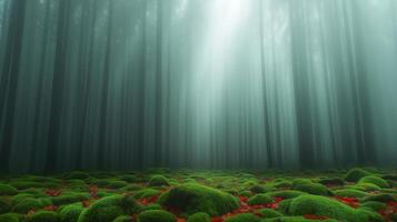 Morning Light Filtering Through Mystic Urbasa Forest with Green Moss and Tall Trees in Serene Landscape photo