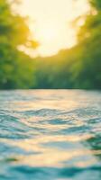 Serene Vertical of Sunlit Trees and River Waves Capturing Nature's Tranquility in Summer Golden Hour with Focus on Rippling Water and Lush Greenery for Relaxation and Meditation photo