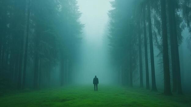 Mystical Forest Path with Foggy Atmosphere, Mysterious Silhouette, Greenery, Tall Trees, Spooky Mood in Nature, Exploring the Unknown, Eerie Woodland Scene in Enigmatic Landscape photo