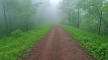 Mystical Foggy Forest Path with Lush Greenery and Mysterious Atmosphere Captured in Early Morning Light photo