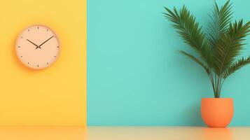 Duotone Clock Design With Vibrant Yellow And Teal Background, New Year Countdown Concept With Modern Minimalist Aesthetic, Featuring Subtle Plant Element For Stylish Contemporary Decor photo