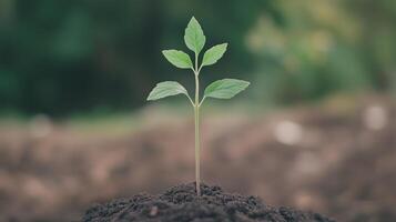 Young green plant sprouting from soil in a garden environment photo