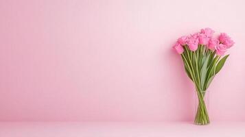 Pink Tulip Bouquet on Light Pink Background for Greeting Card Design with Copy Space, Featuring Vibrant Flowers in a Transparent Vase, Perfect for Spring Celebrations and Floral Decor Aesthetics photo