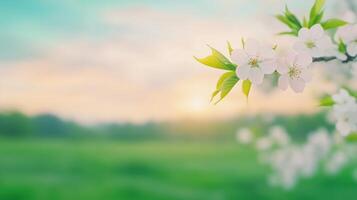 Sakura Tree With Blooming Flowers Against Soft Green Landscape, Capturing Spring's Essence and Vibrancy in 4K Art, Perfect for Seasonal, Nature, and Floral Themes in Majestic Scenes photo