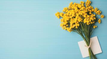 Vibrant Bouquet of Yellow Mimosa Flowers on Blue Background with Thank You Note Celebrating Spring Nature and Festivity photo